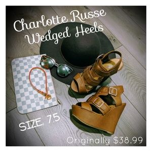 Camel Tan Leather Strapped Platform Wedges Heels